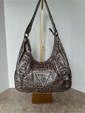 Rare Guess Y2K Metallic Pewter Faux Croc Embossed Hobo Bag Purse Glam Logo